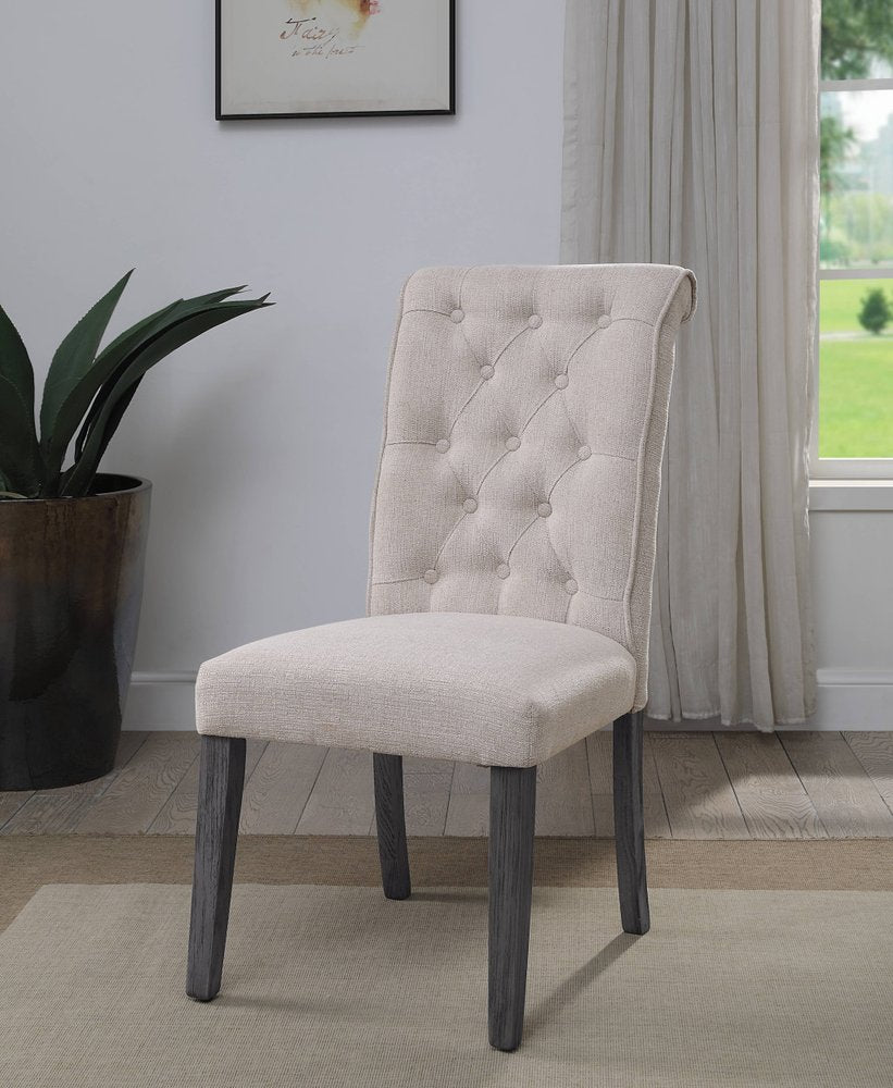 Set of Two Tufted Beige and Gray Upholstered Linen and Solid Wood Dining Side Chairs