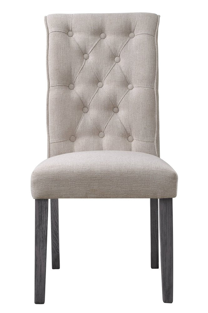 Set of Two Tufted Beige and Gray Upholstered Linen and Solid Wood Dining Side Chairs