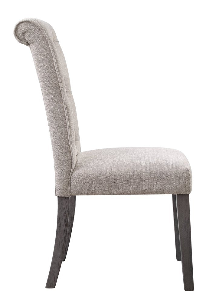 Set of Two Tufted Beige and Gray Upholstered Linen and Solid Wood Dining Side Chairs