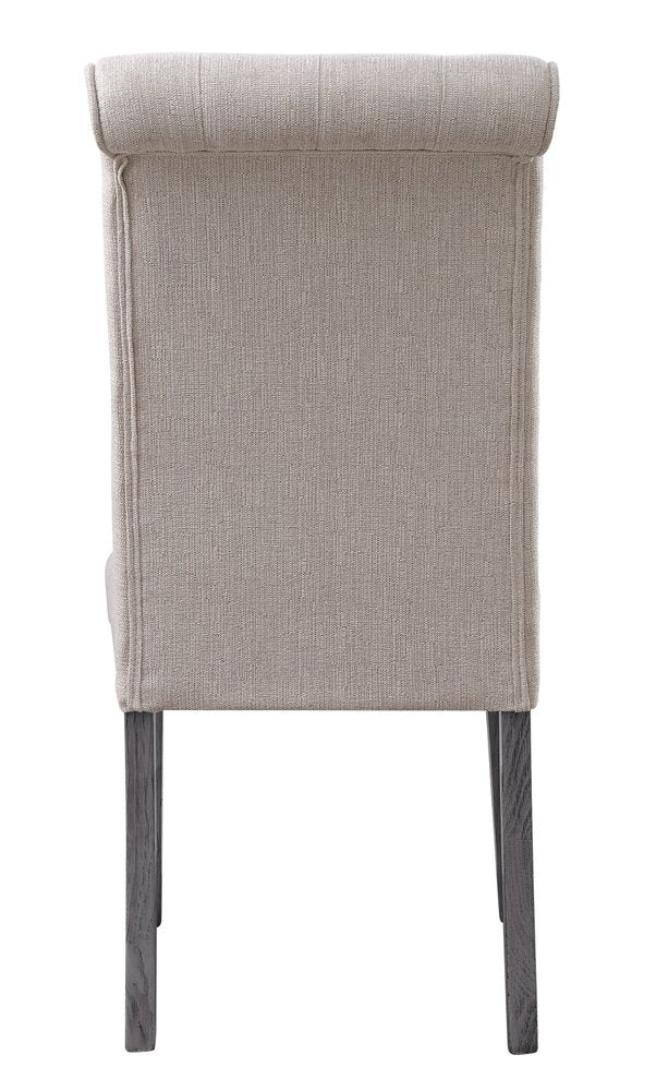 Set of Two Tufted Beige and Gray Upholstered Linen and Solid Wood Dining Side Chairs