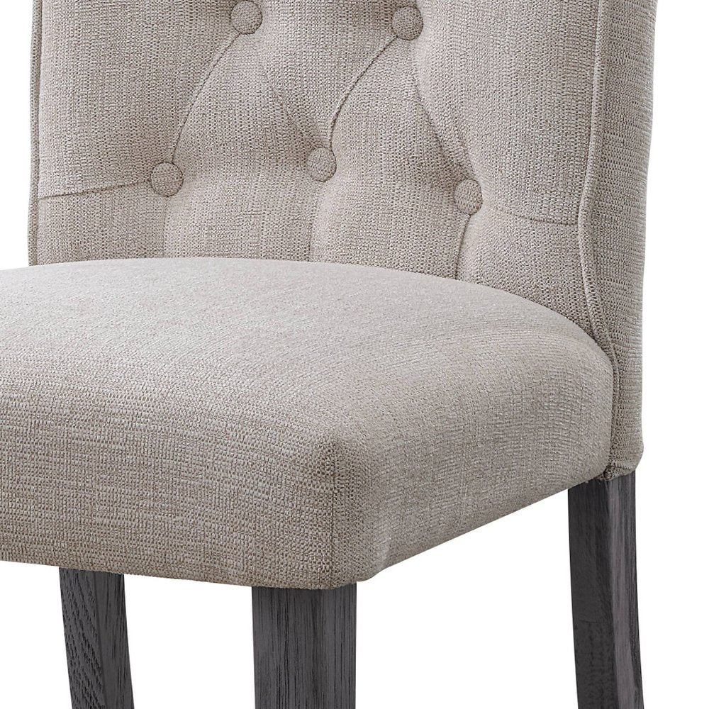 Set of Two Tufted Beige and Gray Upholstered Linen and Solid Wood Dining Side Chairs
