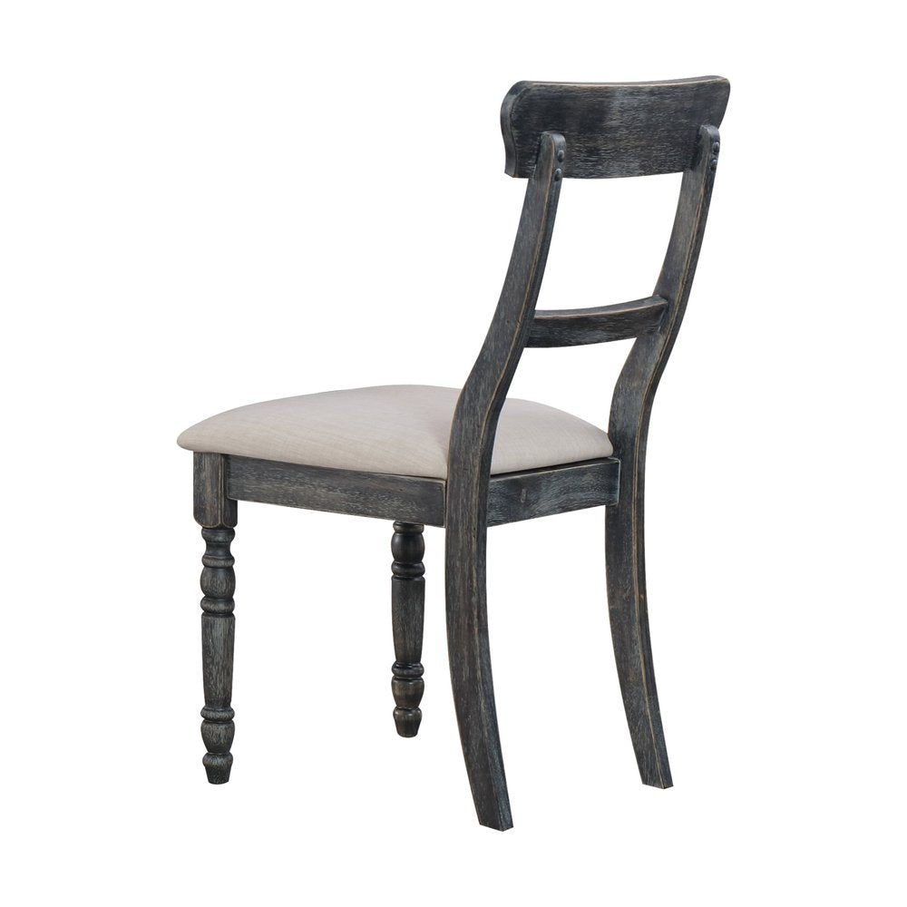 Set of Two Light Brown and Gray Linen Slat Back Dining Side Chairs
