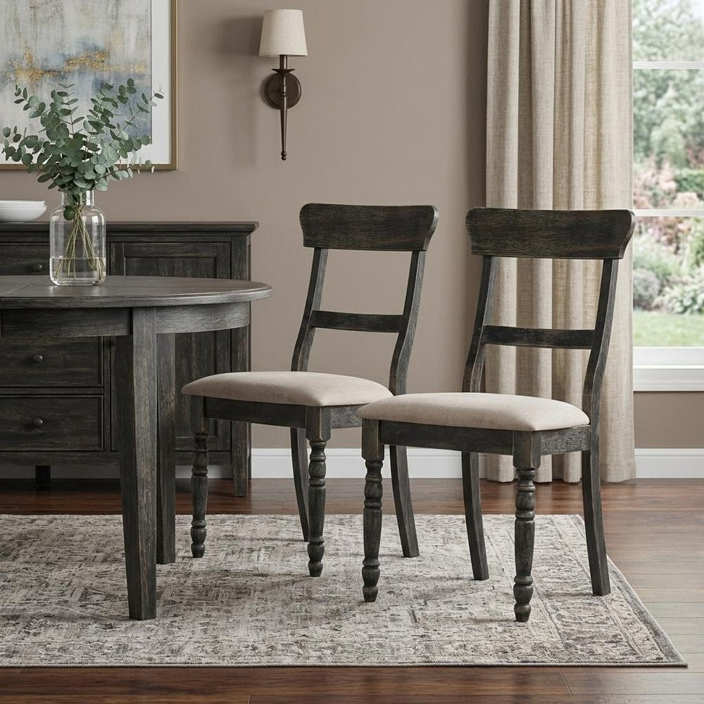 Set of Two Light Brown and Gray Linen Slat Back Dining Side Chairs