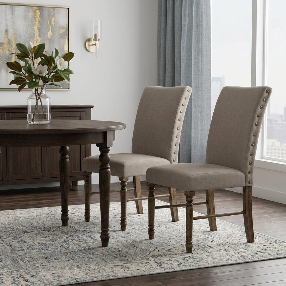Set of Two Cream and Oak Linen Dining Side Chairs