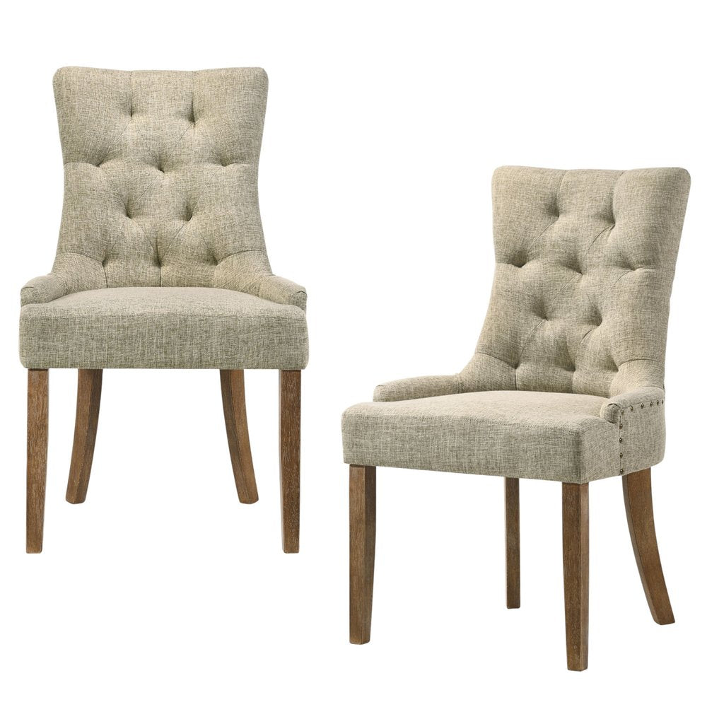 Set of Two Beige and Oak Tufted Fabric Dining Side Chairs
