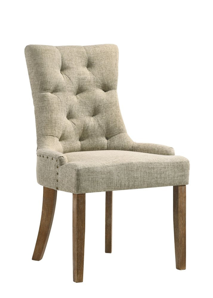Set of Two Beige and Oak Tufted Fabric Dining Side Chairs