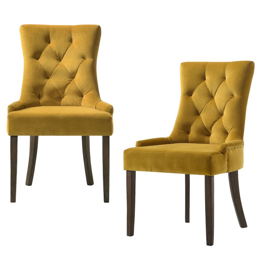 Set of Two Tufted Yellow and Espresso Upholstered Velvet and Solid Wood Dining Side Chairs