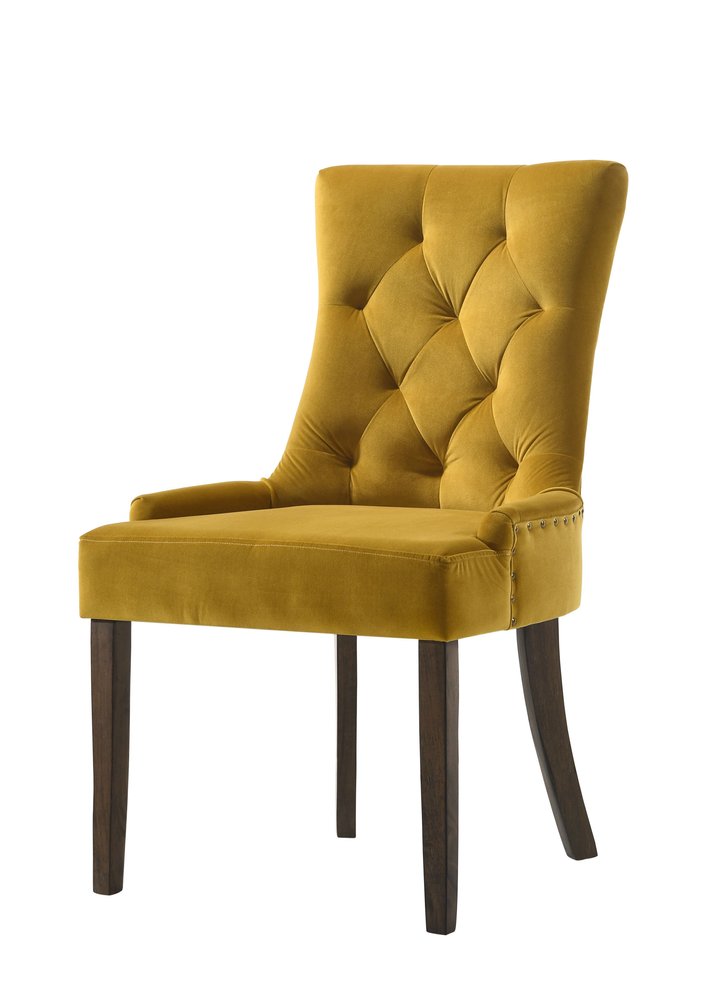 Set of Two Tufted Yellow and Espresso Upholstered Velvet and Solid Wood Dining Side Chairs