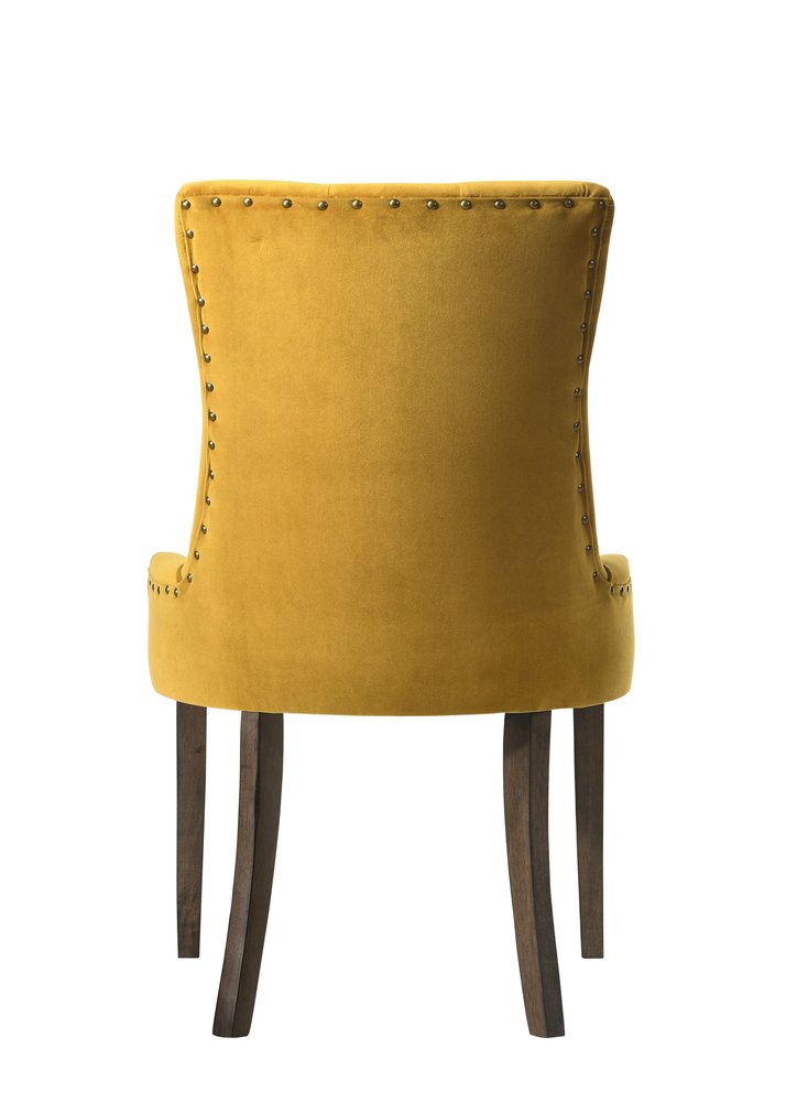 Set of Two Tufted Yellow and Espresso Upholstered Velvet and Solid Wood Dining Side Chairs
