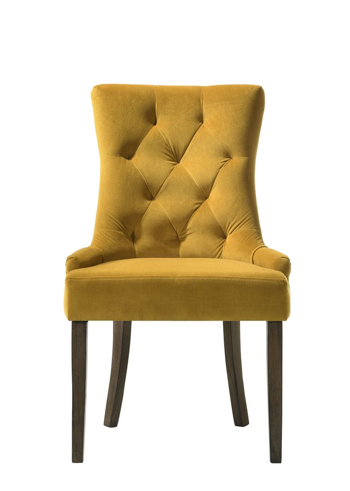 Set of Two Tufted Yellow and Espresso Upholstered Velvet and Solid Wood Dining Side Chairs