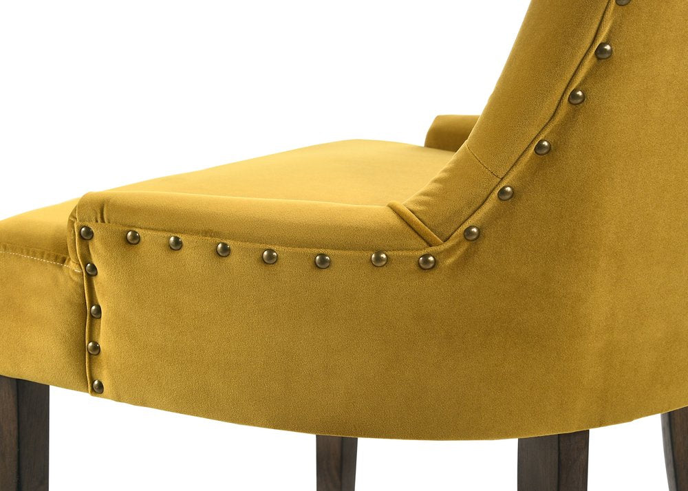 Set of Two Tufted Yellow and Espresso Upholstered Velvet and Solid Wood Dining Side Chairs