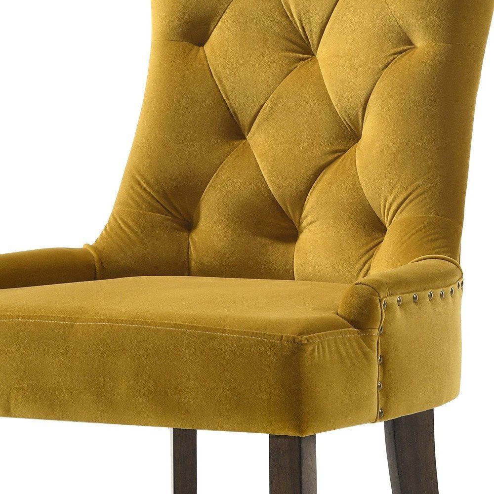 Set of Two Tufted Yellow and Espresso Upholstered Velvet and Solid Wood Dining Side Chairs