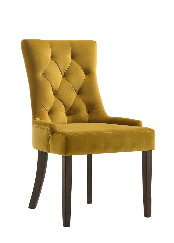 Set of Two Tufted Yellow and Espresso Upholstered Velvet and Solid Wood Dining Side Chairs