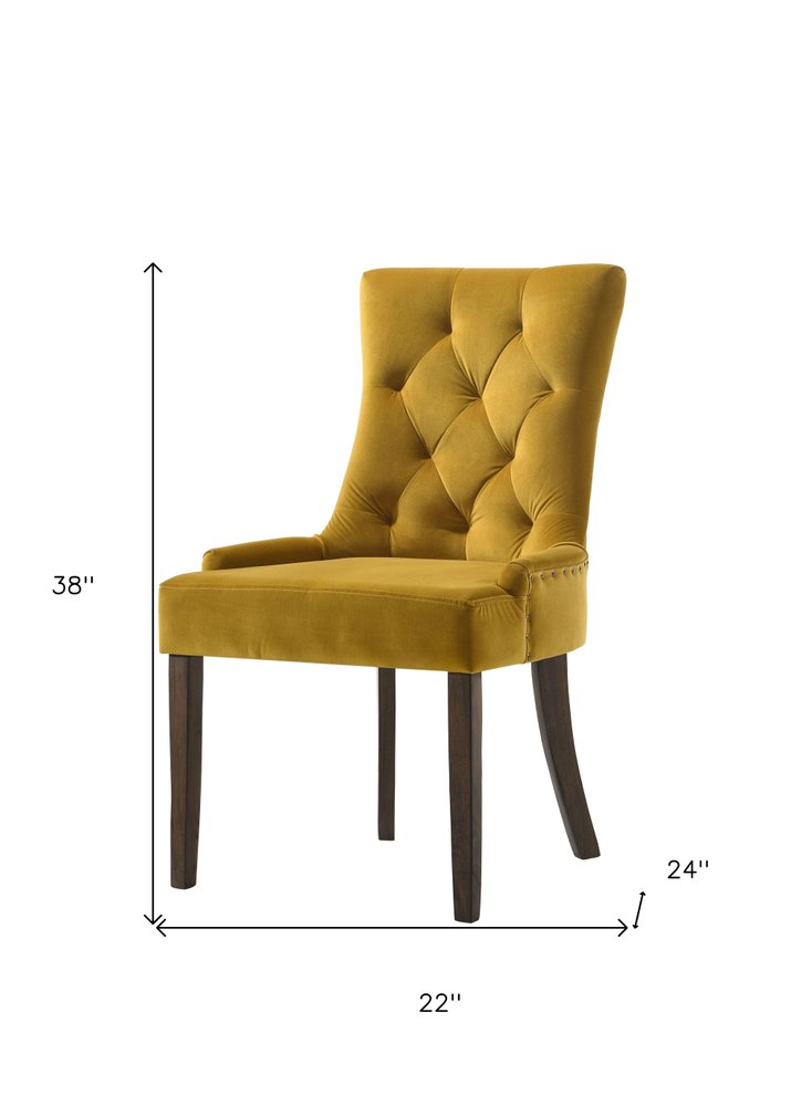 Set of Two Tufted Yellow and Espresso Upholstered Velvet and Solid Wood Dining Side Chairs