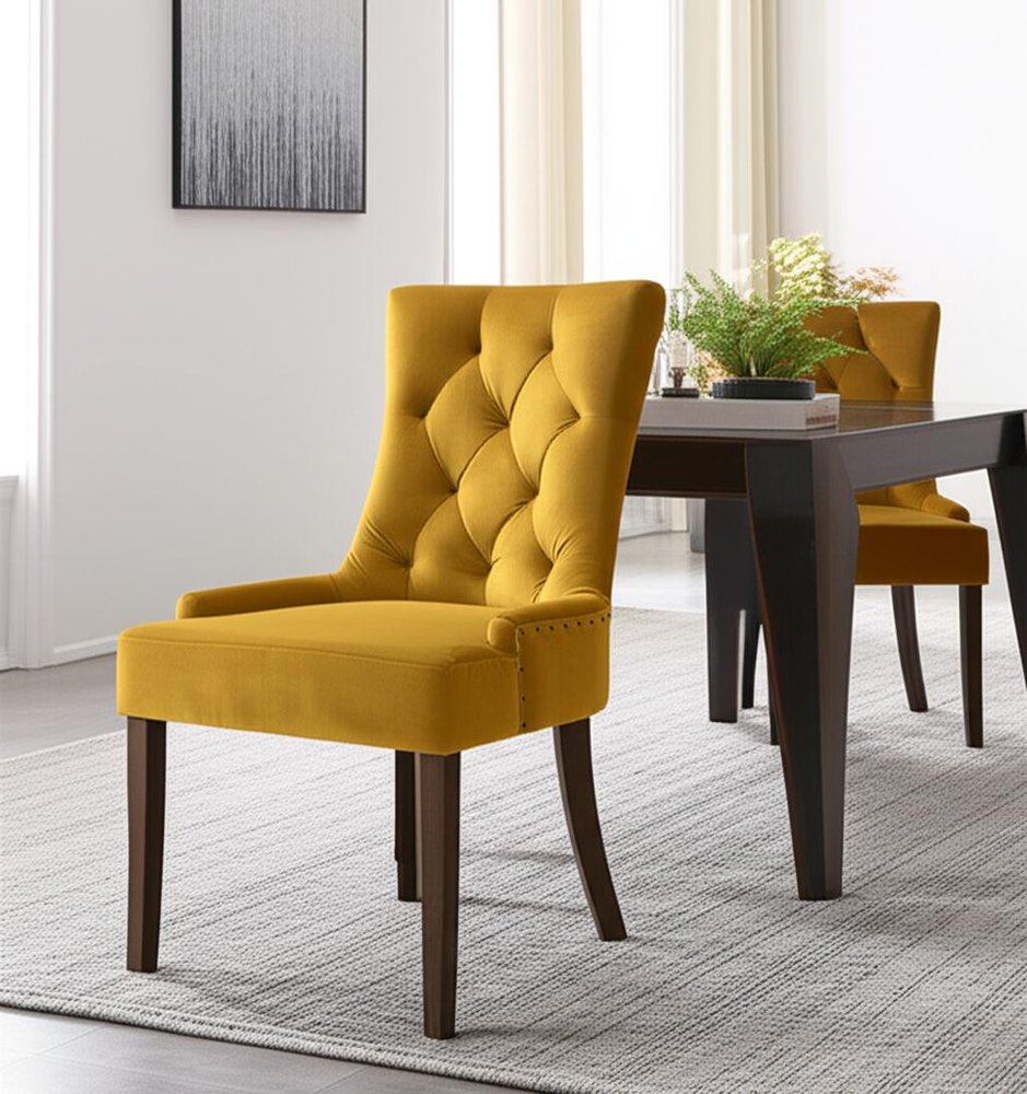 Set of Two Tufted Yellow and Espresso Upholstered Velvet and Solid Wood Dining Side Chairs