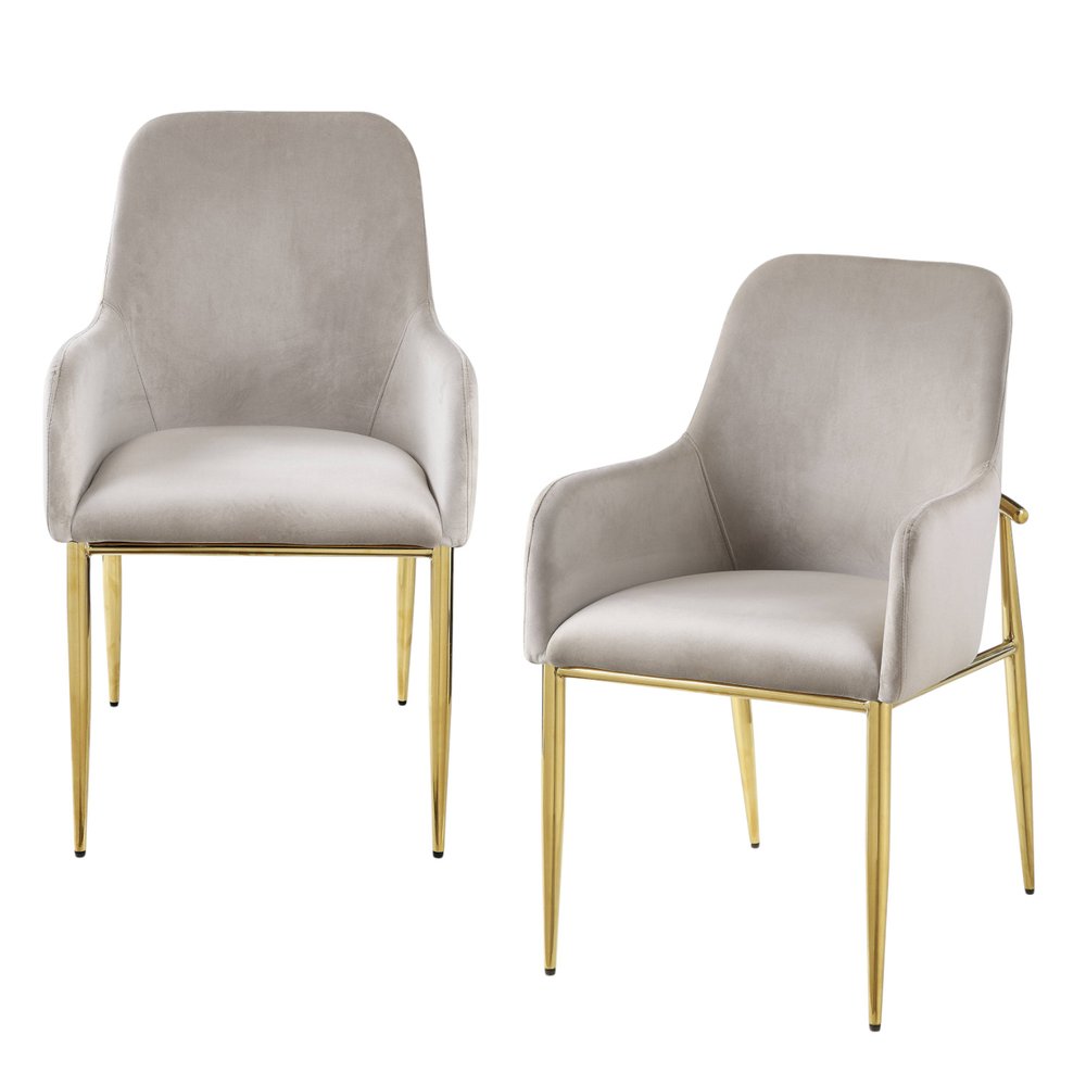 Set of Two Gray and Gold Velvet and Wood and Metal Dining Side Chairs