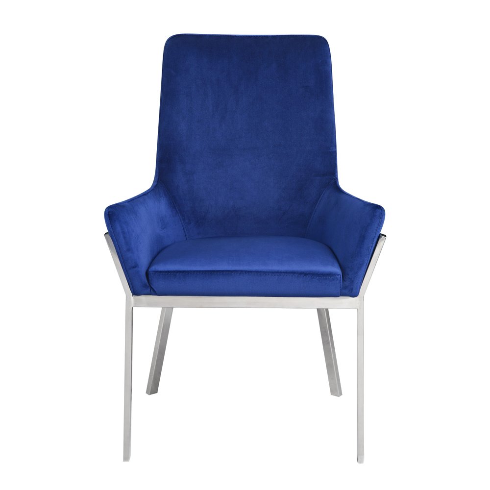 Set of Two Blue and Silver Velvet Dining Side Chairs