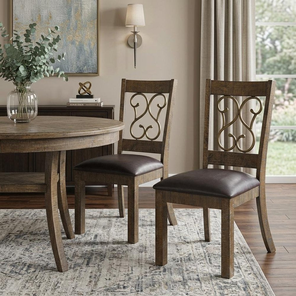 Set of Two Black and Redwood Faux Leather Open Back Dining Side Chairs