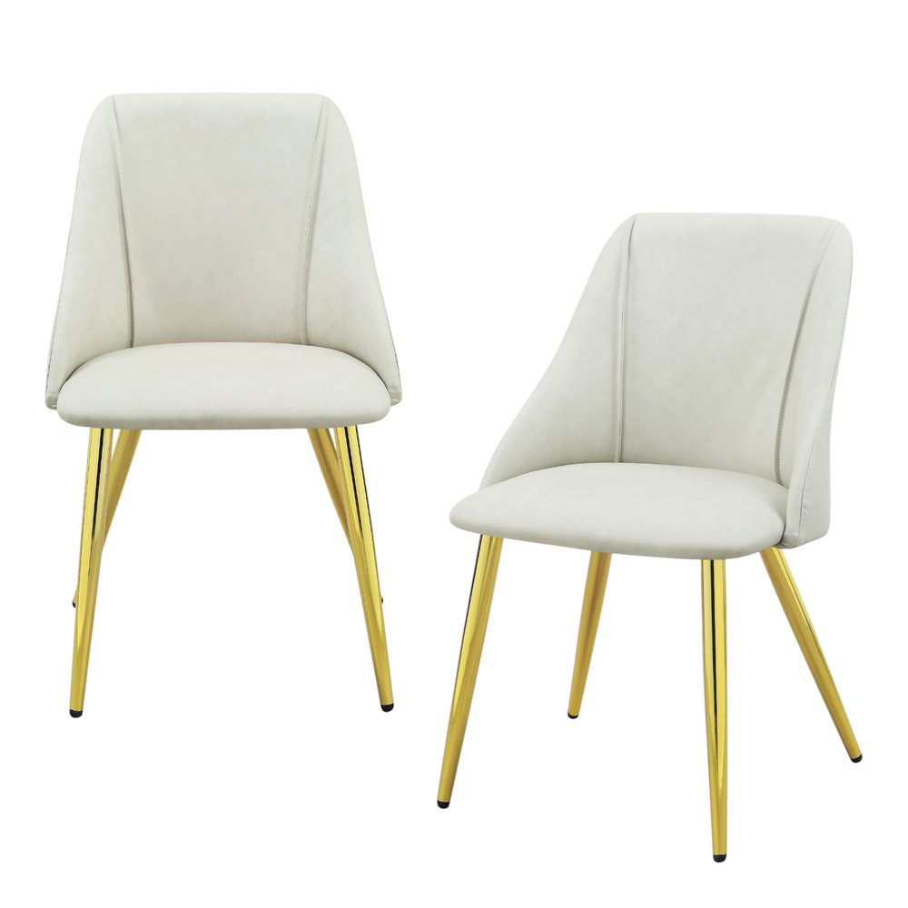 Set of Two White and Gold Upholstered Faux Leather and Metal Dining Side Chairs
