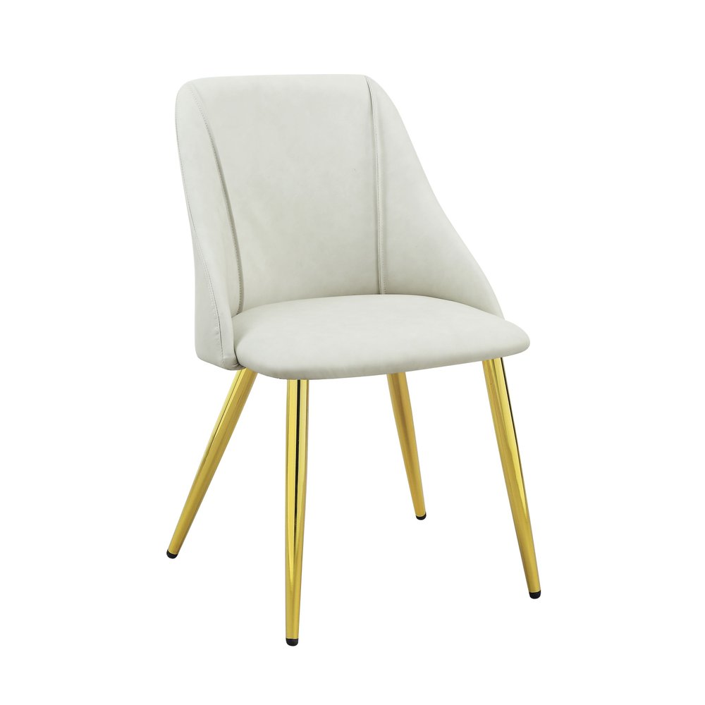 Set of Two White and Gold Upholstered Faux Leather and Metal Dining Side Chairs