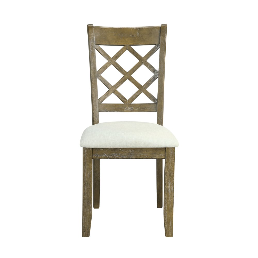 Set of Two Beige and Oak Linen Cross Back Dining Side Chairs