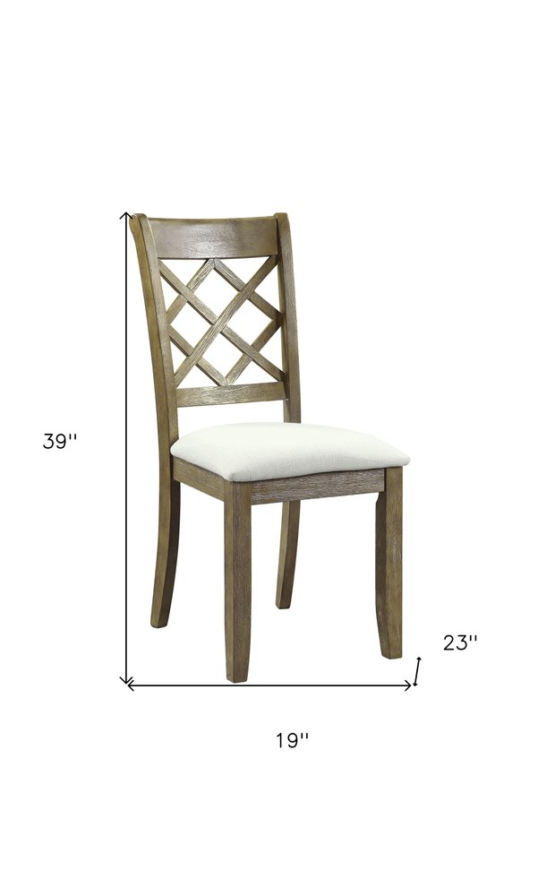 Set of Two Beige and Oak Linen Cross Back Dining Side Chairs