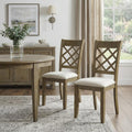 Set of Two Beige and Oak Linen Cross Back Dining Side Chairs