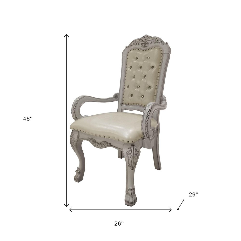 Set of Two Tufted White Upholstered Faux Leather and Wood Dining Arm Chairs