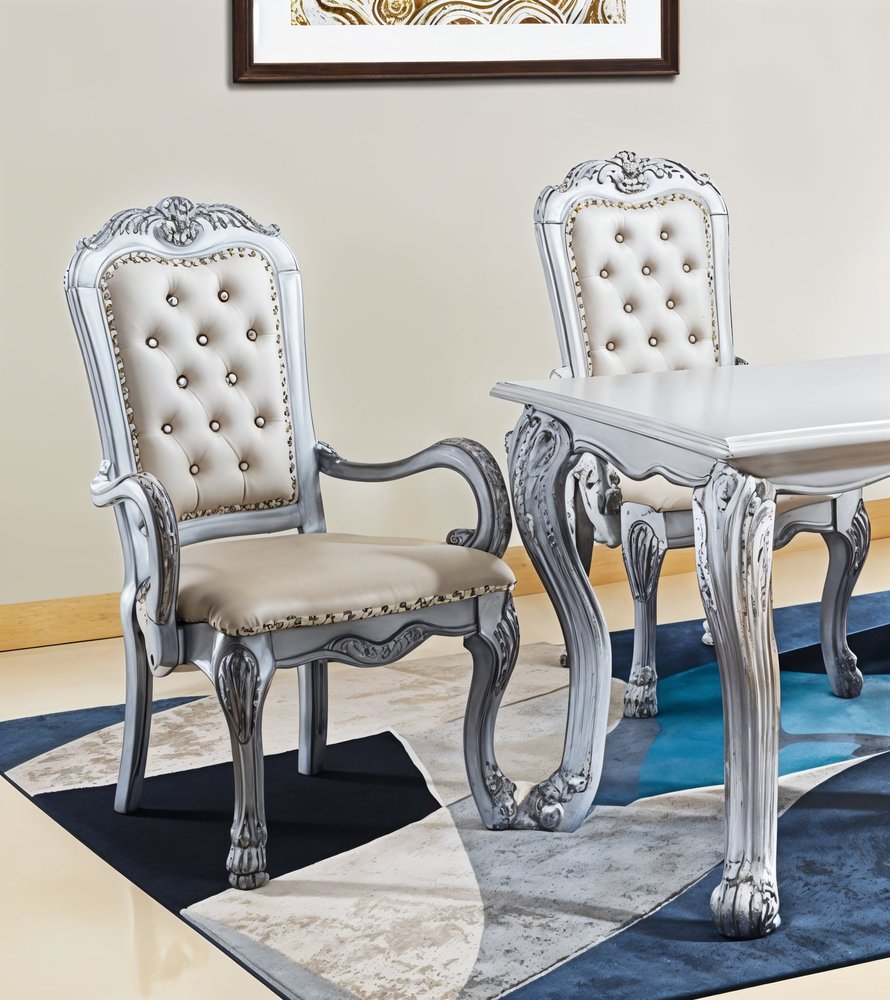 Set of Two Tufted White Upholstered Faux Leather and Wood Dining Arm Chairs
