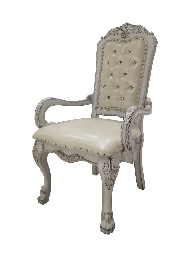 Set of Two Tufted White Upholstered Faux Leather and Wood Dining Arm Chairs