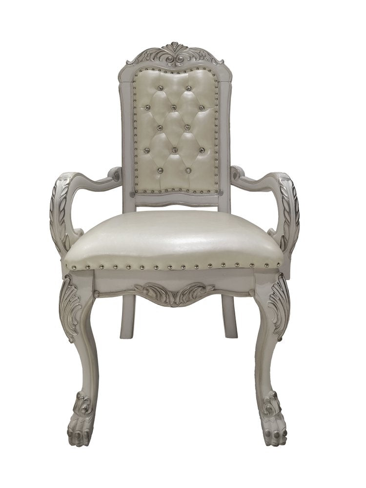 Set of Two Tufted White Upholstered Faux Leather and Wood Dining Arm Chairs