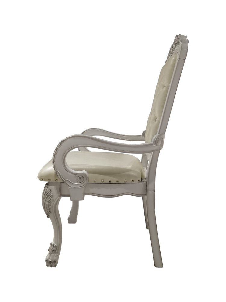 Set of Two Tufted White Upholstered Faux Leather and Wood Dining Arm Chairs