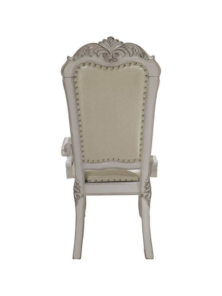 Set of Two Tufted White Upholstered Faux Leather and Wood Dining Arm Chairs