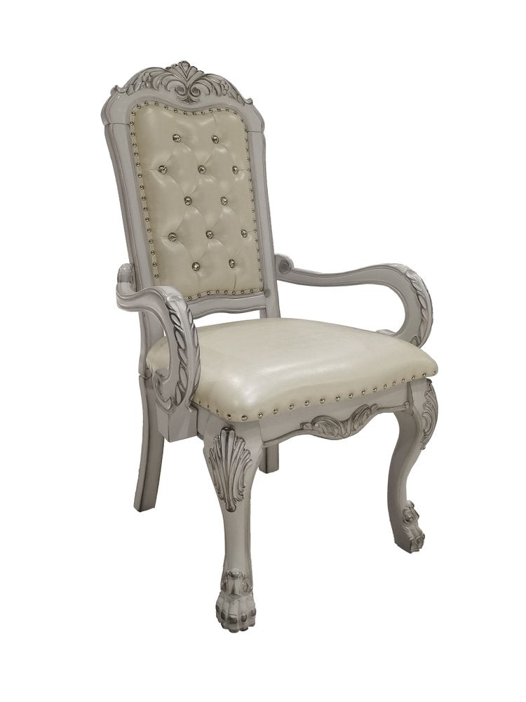 Set of Two Tufted White Upholstered Faux Leather and Wood Dining Arm Chairs