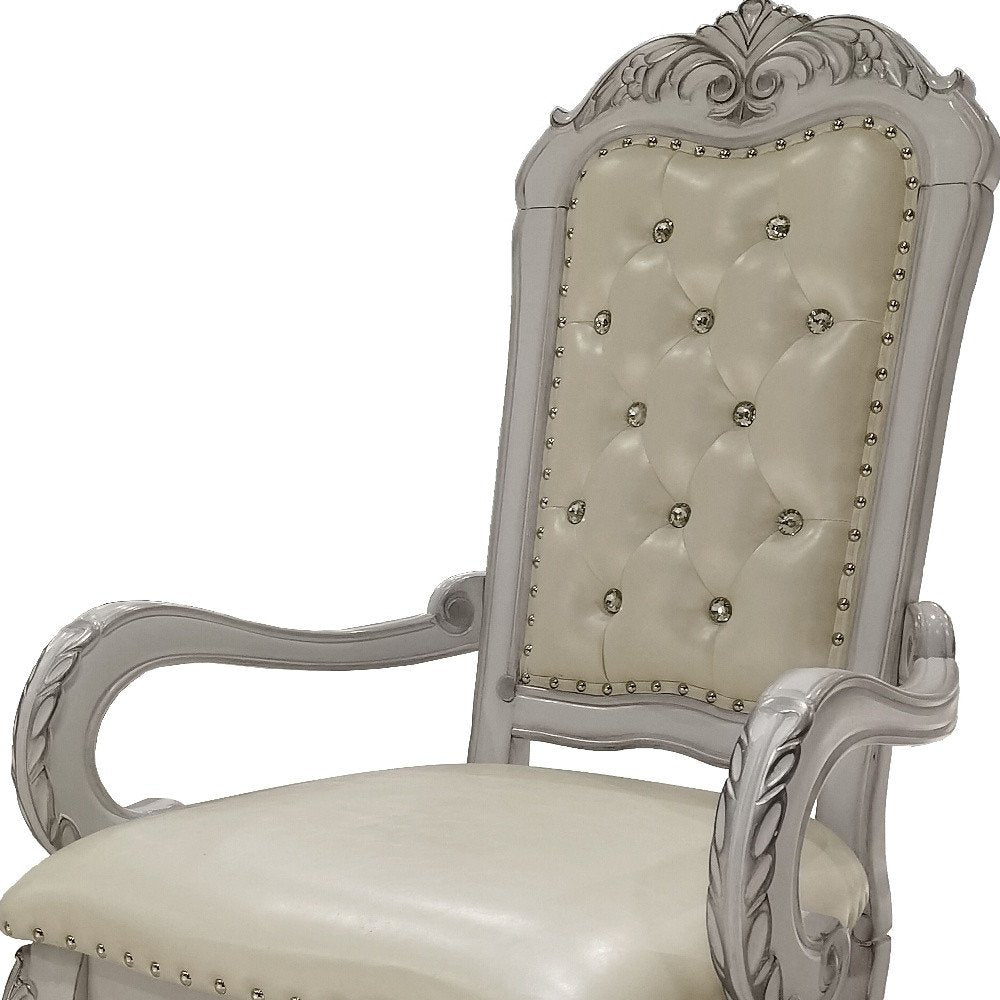 Set of Two Tufted White Upholstered Faux Leather and Wood Dining Arm Chairs