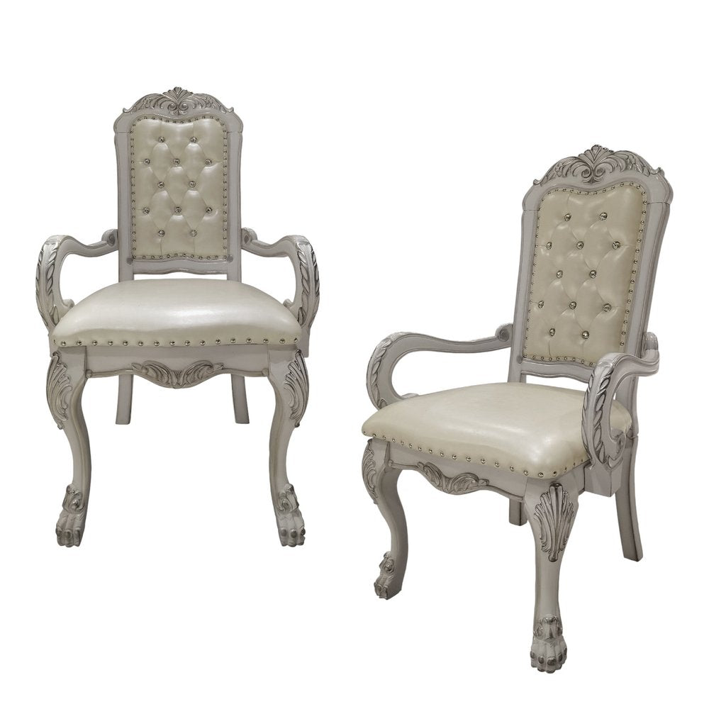 Set of Two Tufted White Upholstered Faux Leather and Wood Dining Arm Chairs