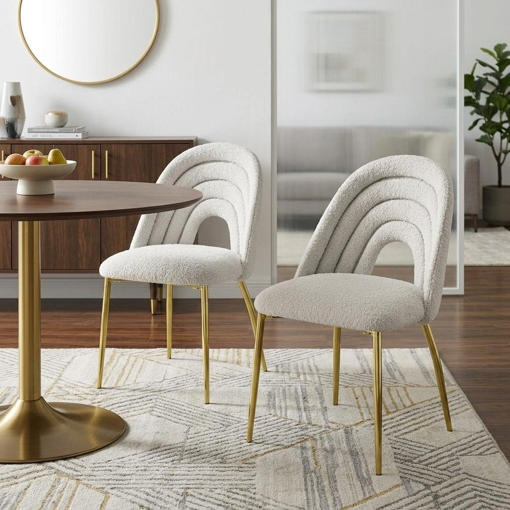 Set of Two Beige and Gold Fabric Dining Side Chairs