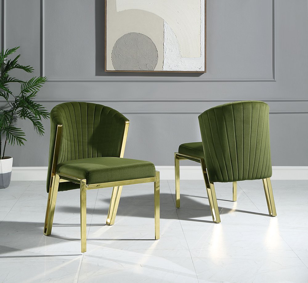 Set of Two Green and Gold Upholstered Velvet and Steel Wing Back Dining Side Chairs