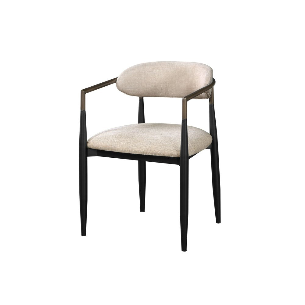 Set of Two Beige and Black Upholstered Fabric Open Back Dining Arm Chairs
