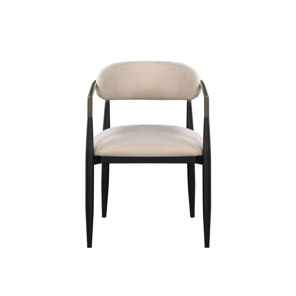 Set of Two Beige and Black Upholstered Fabric Open Back Dining Arm Chairs