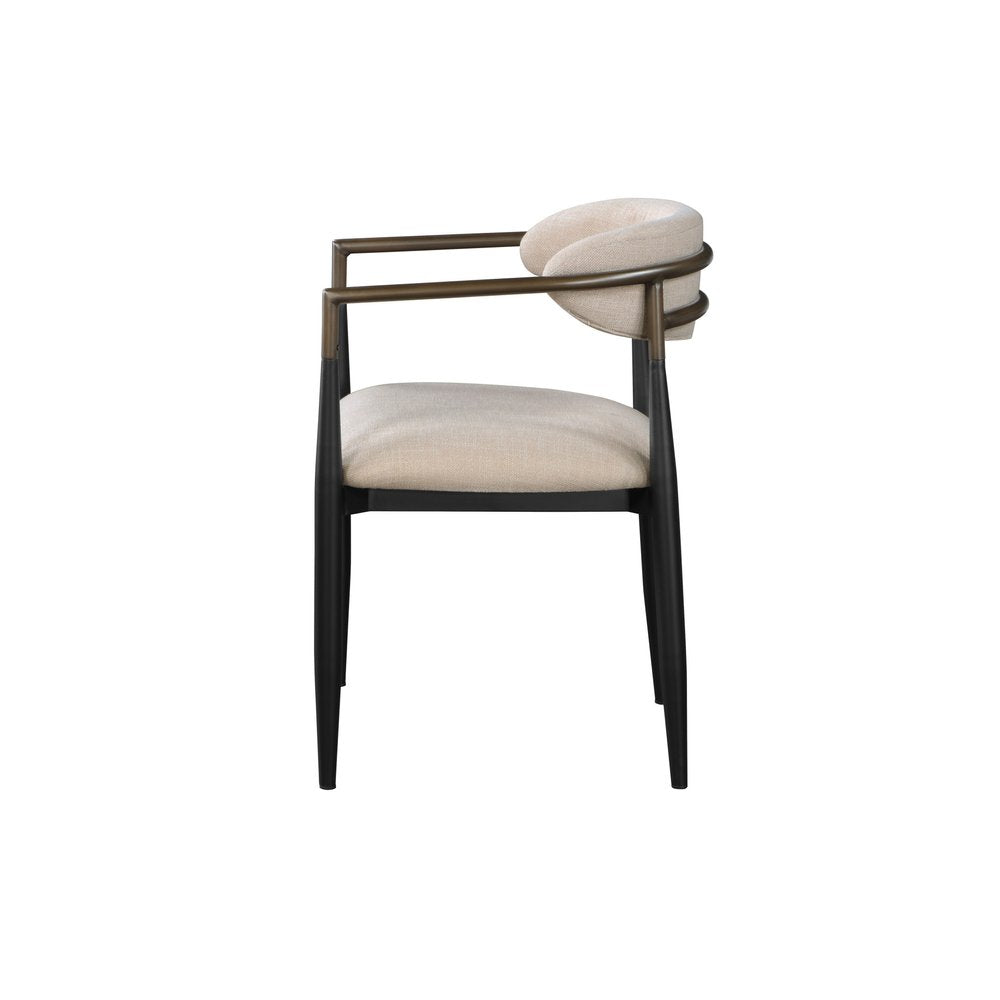 Set of Two Beige and Black Upholstered Fabric Open Back Dining Arm Chairs