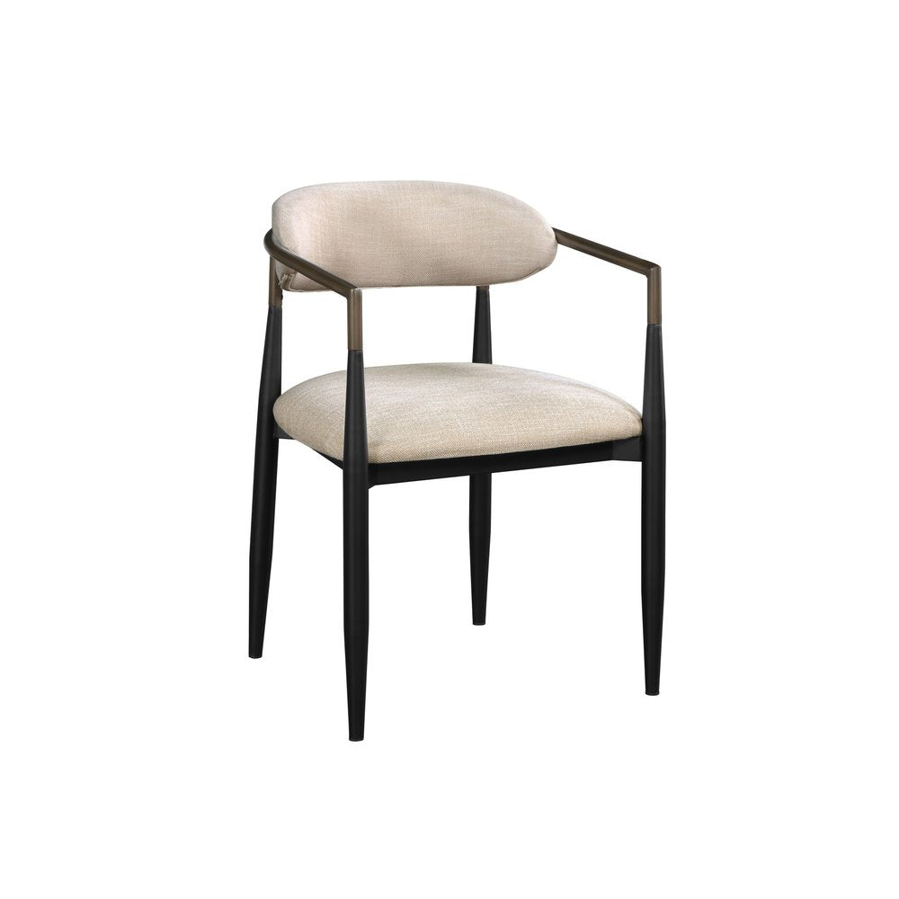 Set of Two Beige and Black Upholstered Fabric Open Back Dining Arm Chairs