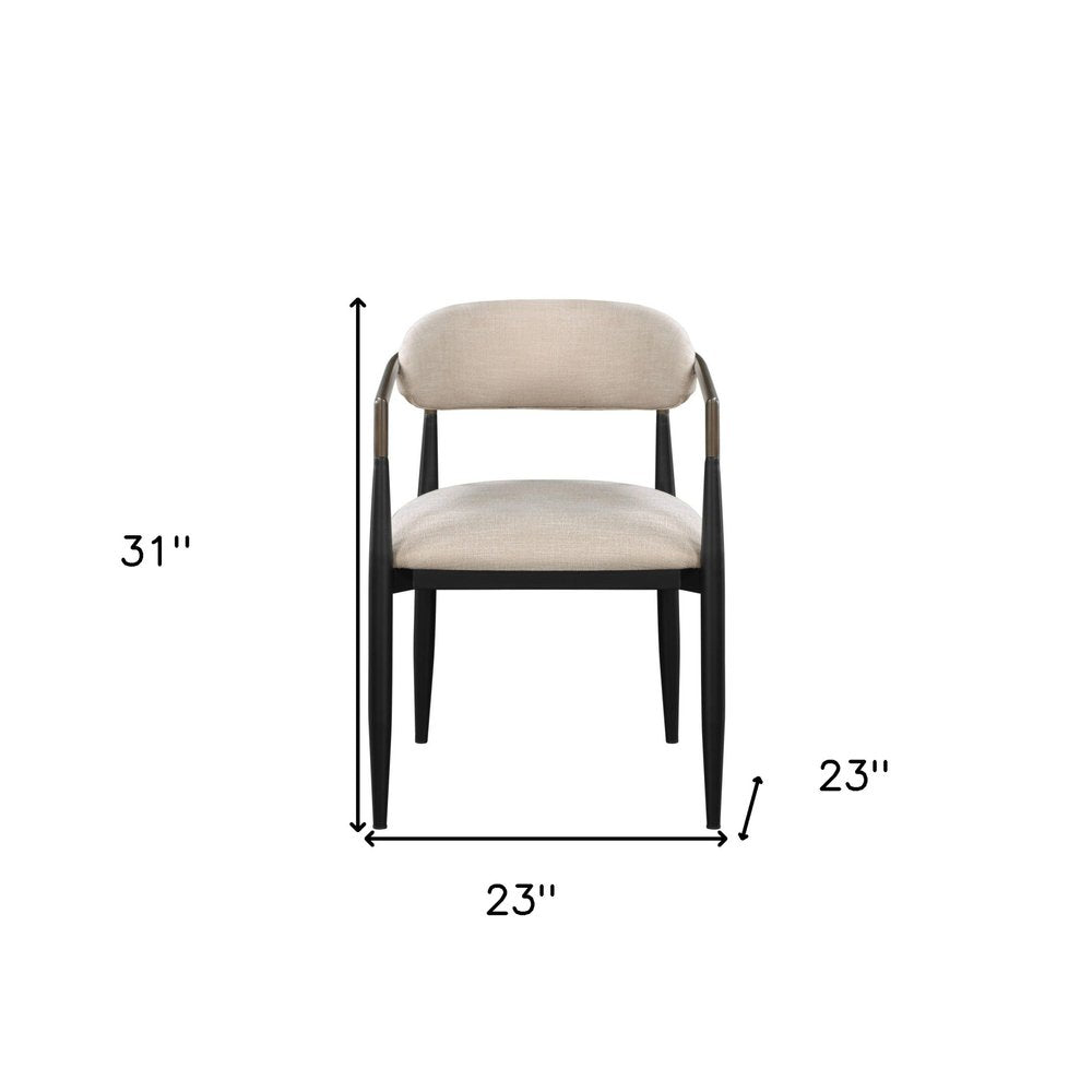 Set of Two Beige and Black Upholstered Fabric Open Back Dining Arm Chairs