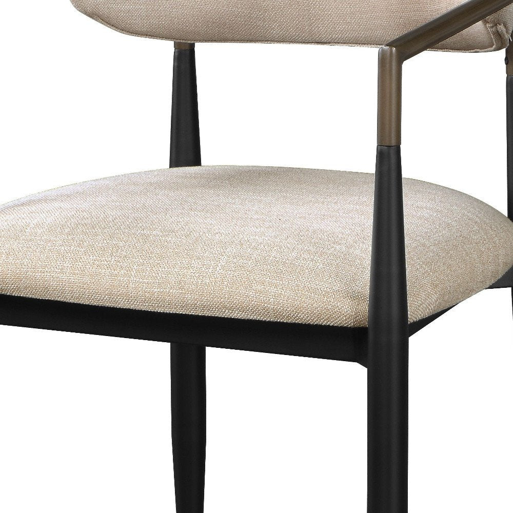 Set of Two Beige and Black Upholstered Fabric Open Back Dining Arm Chairs
