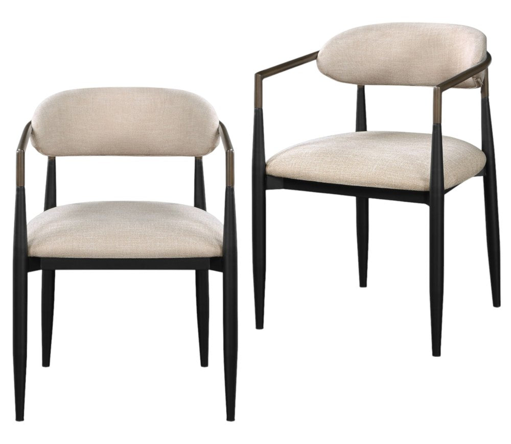 Set of Two Beige and Black Upholstered Fabric Open Back Dining Arm Chairs