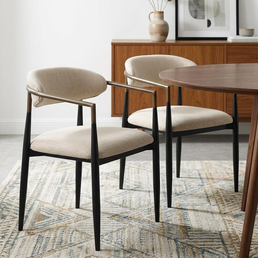 Set of Two Beige and Black Upholstered Fabric Open Back Dining Arm Chairs