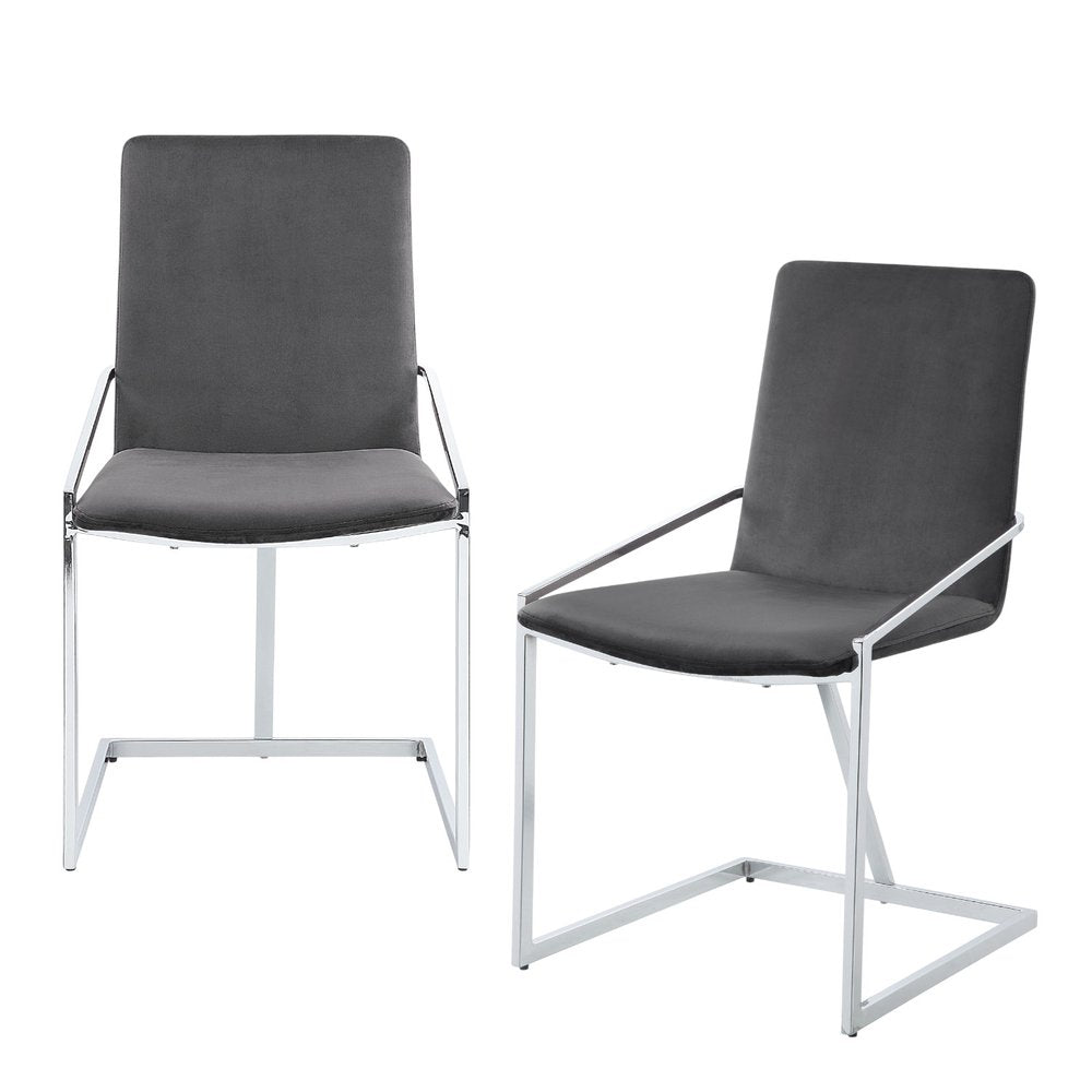 Set of Two Gray and Silver Upholstered Velvet and Metal Dining Side Chairs