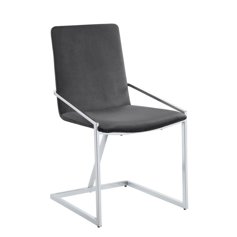 Set of Two Gray and Silver Upholstered Velvet and Metal Dining Side Chairs