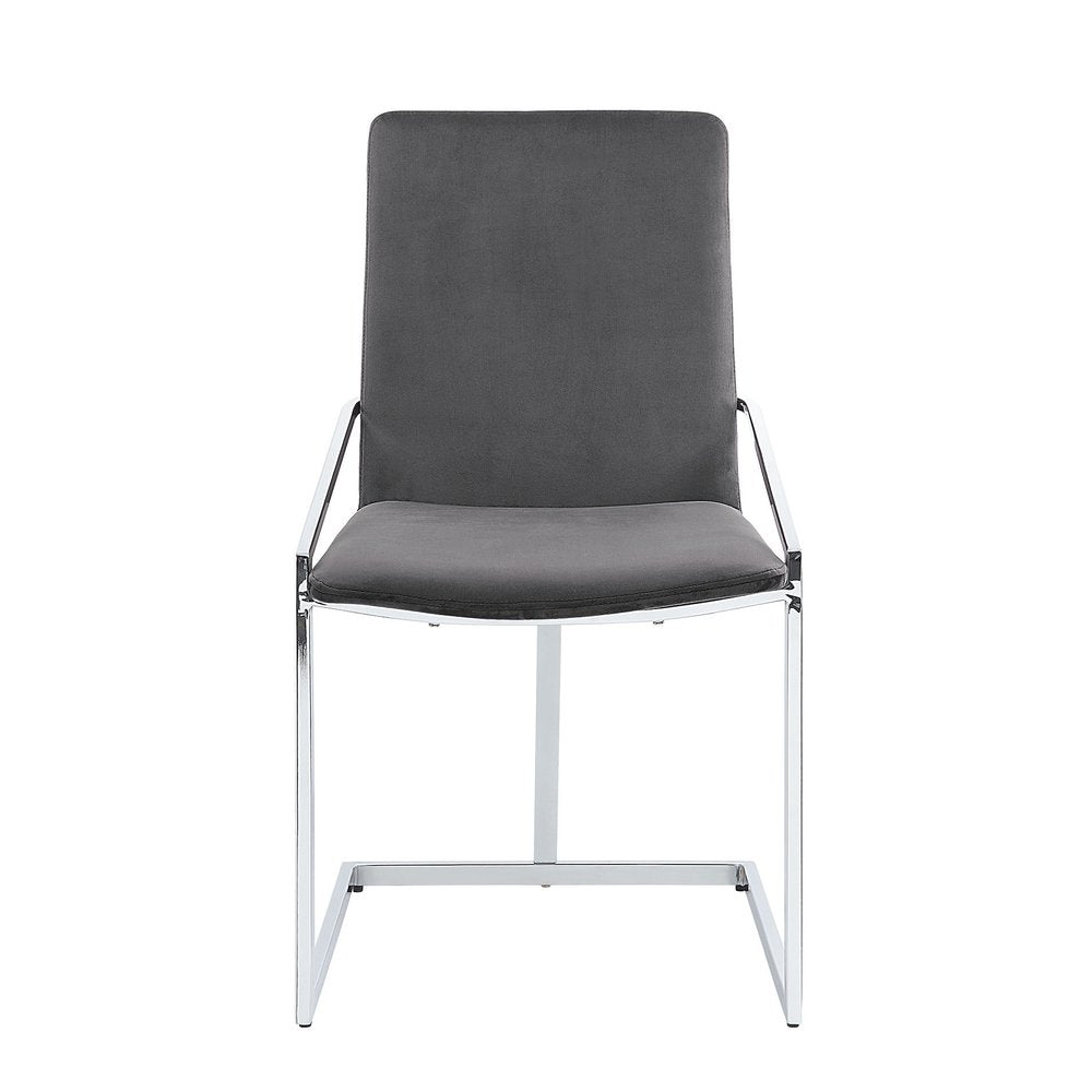 Set of Two Gray and Silver Upholstered Velvet and Metal Dining Side Chairs