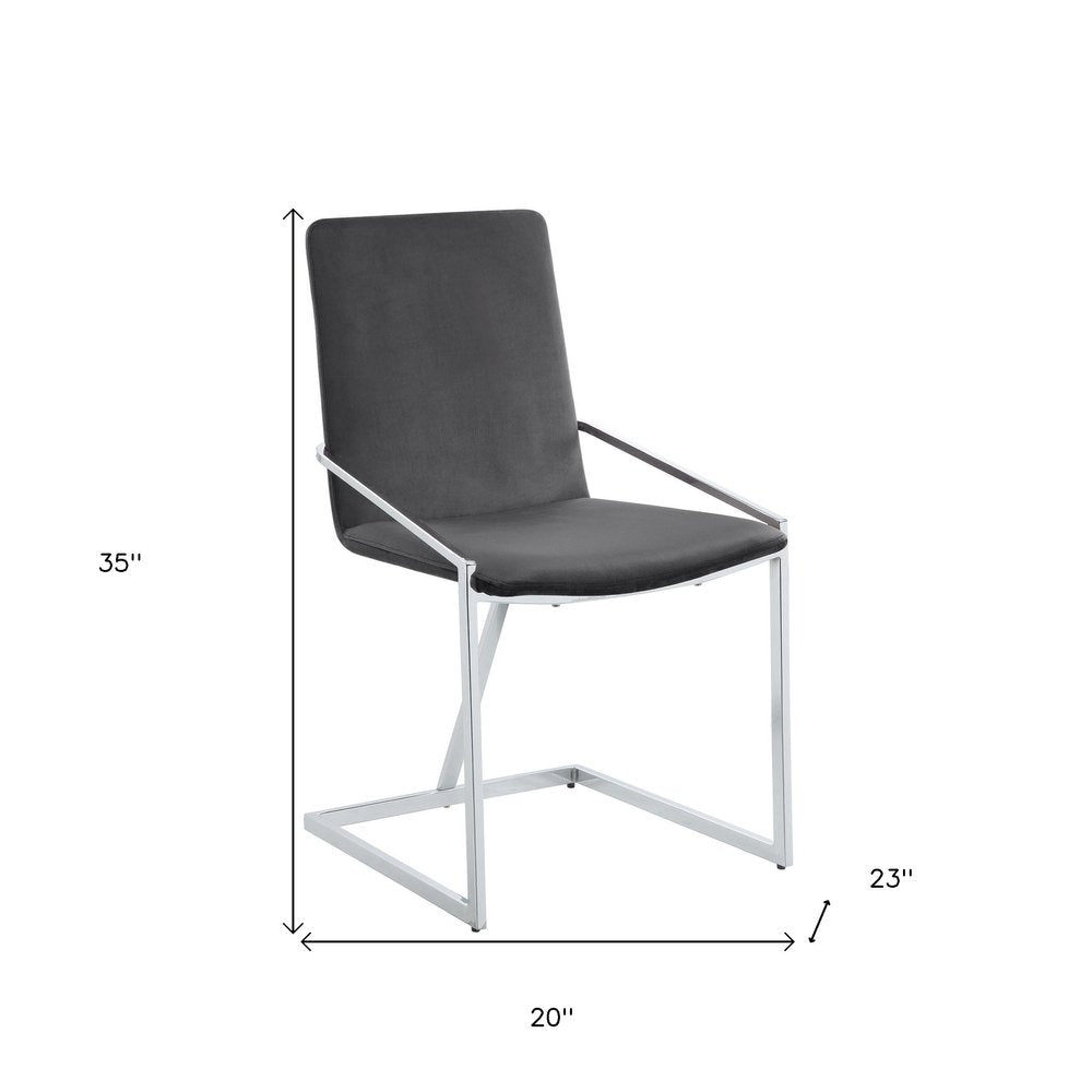 Set of Two Gray and Silver Upholstered Velvet and Metal Dining Side Chairs